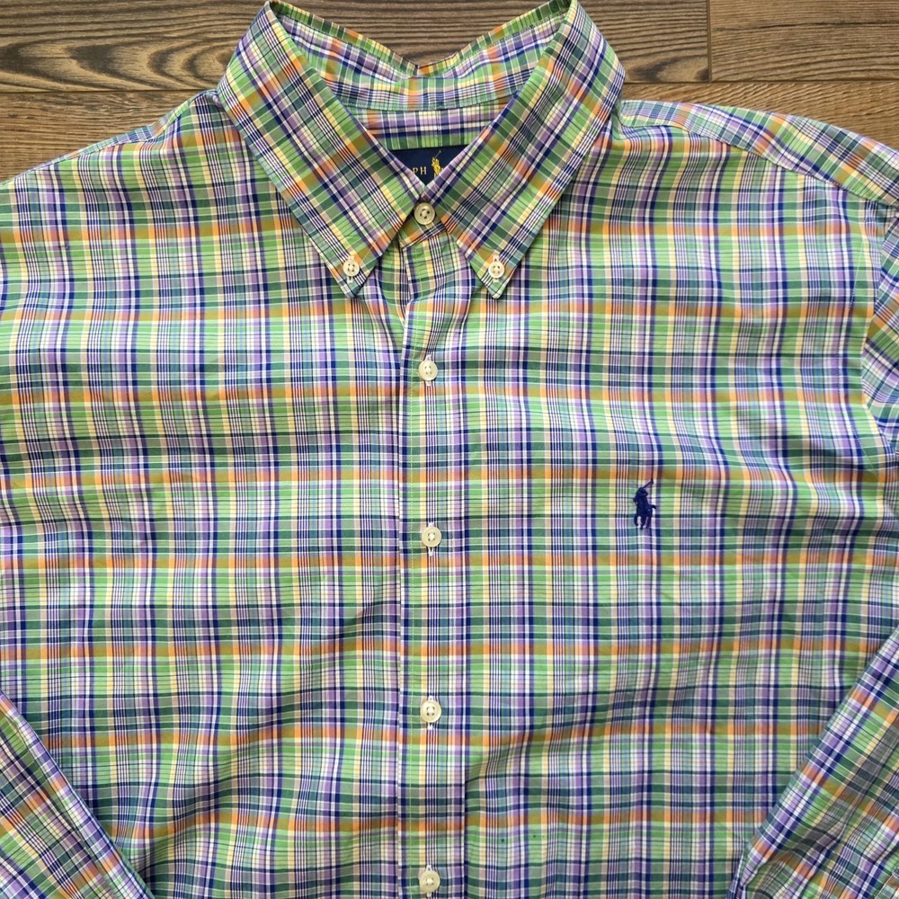 Ralph Lauren Shirt Men's L/S Classic Fit Plaid Collared Polo Green Yellow‎ XL